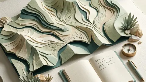 Paper Australian landforms beside a ceramic shield and financial records