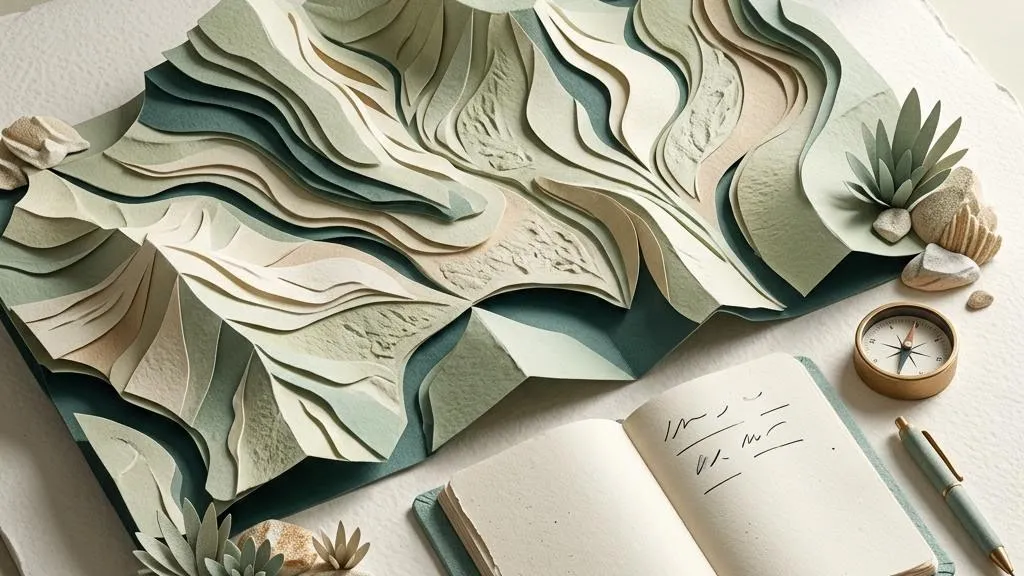 Paper Australian landforms beside a ceramic shield and financial records
