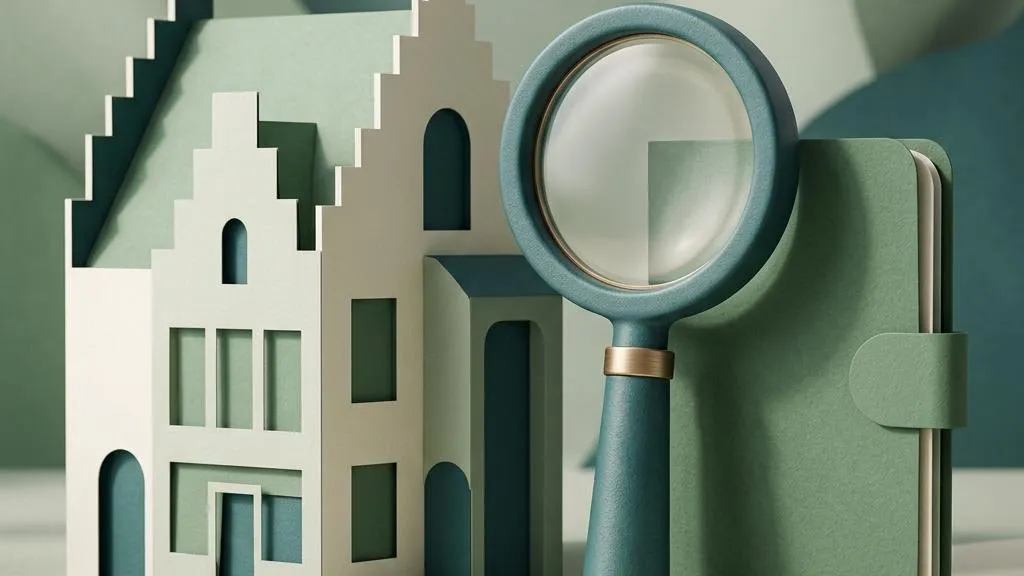 Belgian-style ceramic buildings beside a paper report and protective shield
