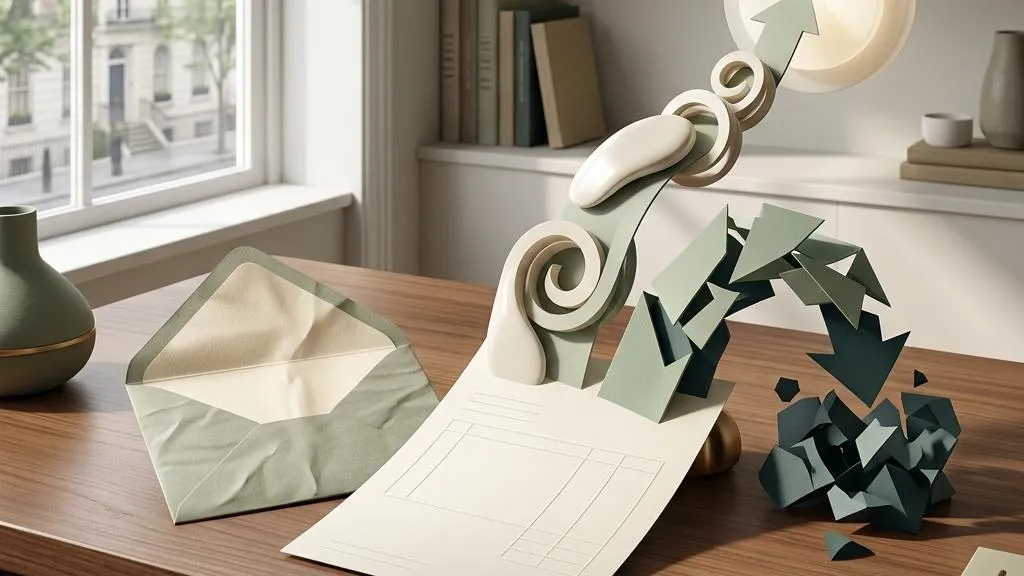 A folded invoice diverted between two ceramic office buildings