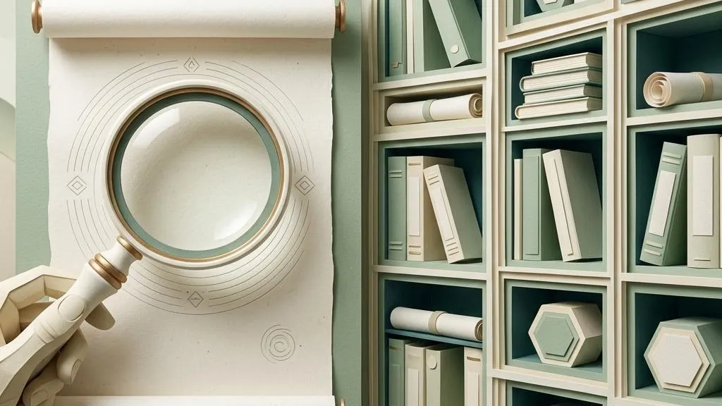 A ceramic building reflected in a brass lens beside paper registry cards
