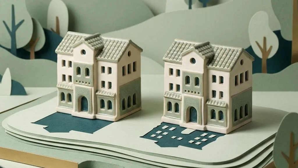 Two nearly identical ceramic buildings with one paper reflection out of alignment