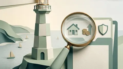 Irish ceramic buildings and paper investment records beside a brass lens