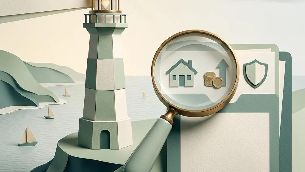 Irish ceramic buildings and paper investment records beside a brass lens