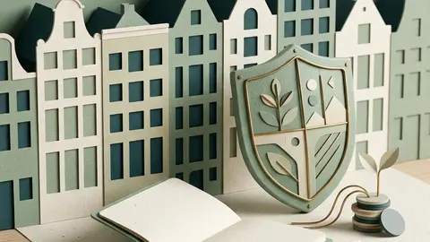 Dutch canal houses and paper financial records beside a ceramic shield