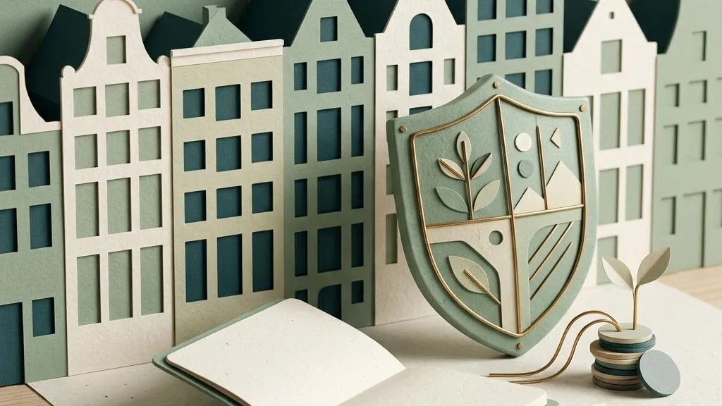 Dutch canal houses and paper financial records beside a ceramic shield