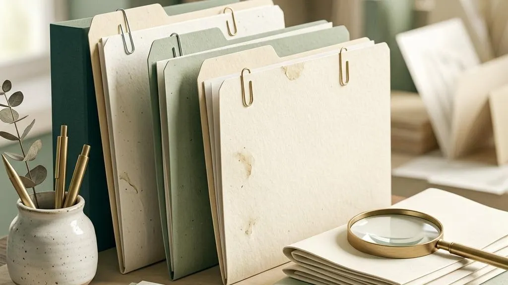 Carefully ordered paper folders, message slips and a brass magnifying lens