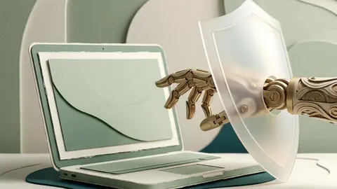 A ceramic laptop with a severed paper connection and a protective shield