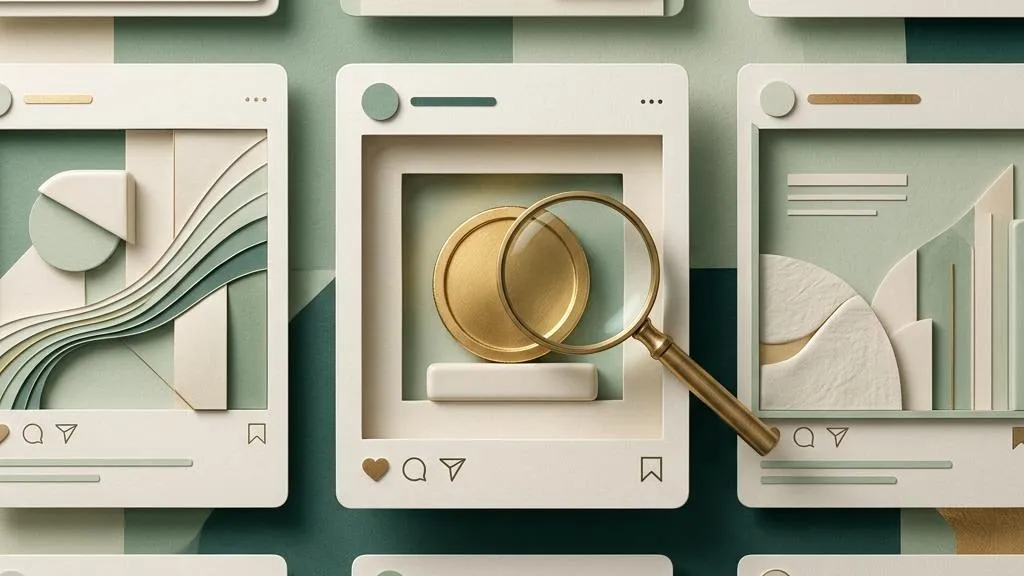 A paper social feed and play symbol reflected through a magnifying lens