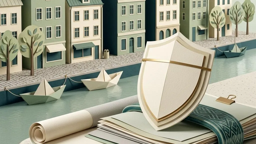 Scandinavian ceramic buildings and a paper report beside a protective shield