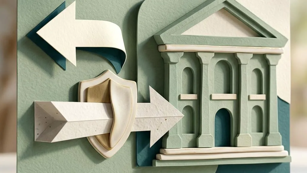 A ceramic British bank beside paper payment arrows and protective scales