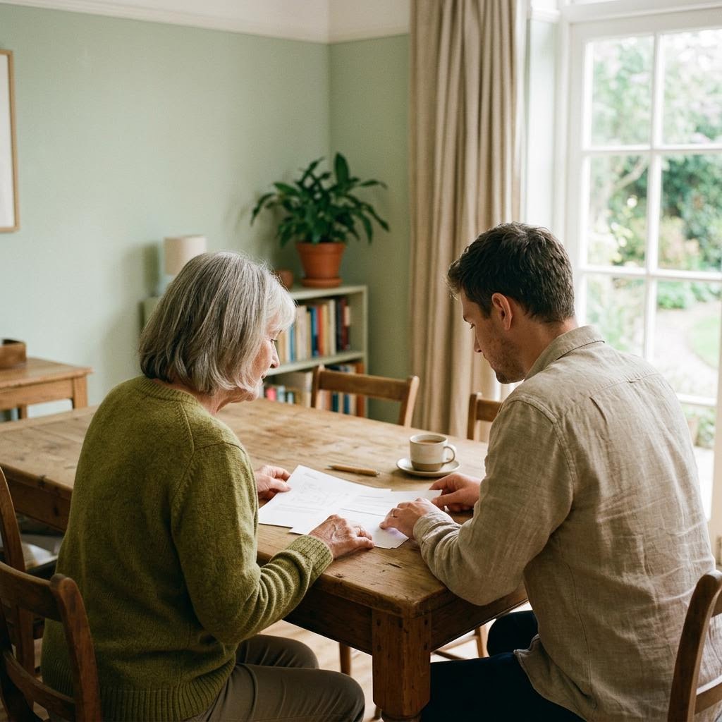 Two people reviewing information together in a bright home